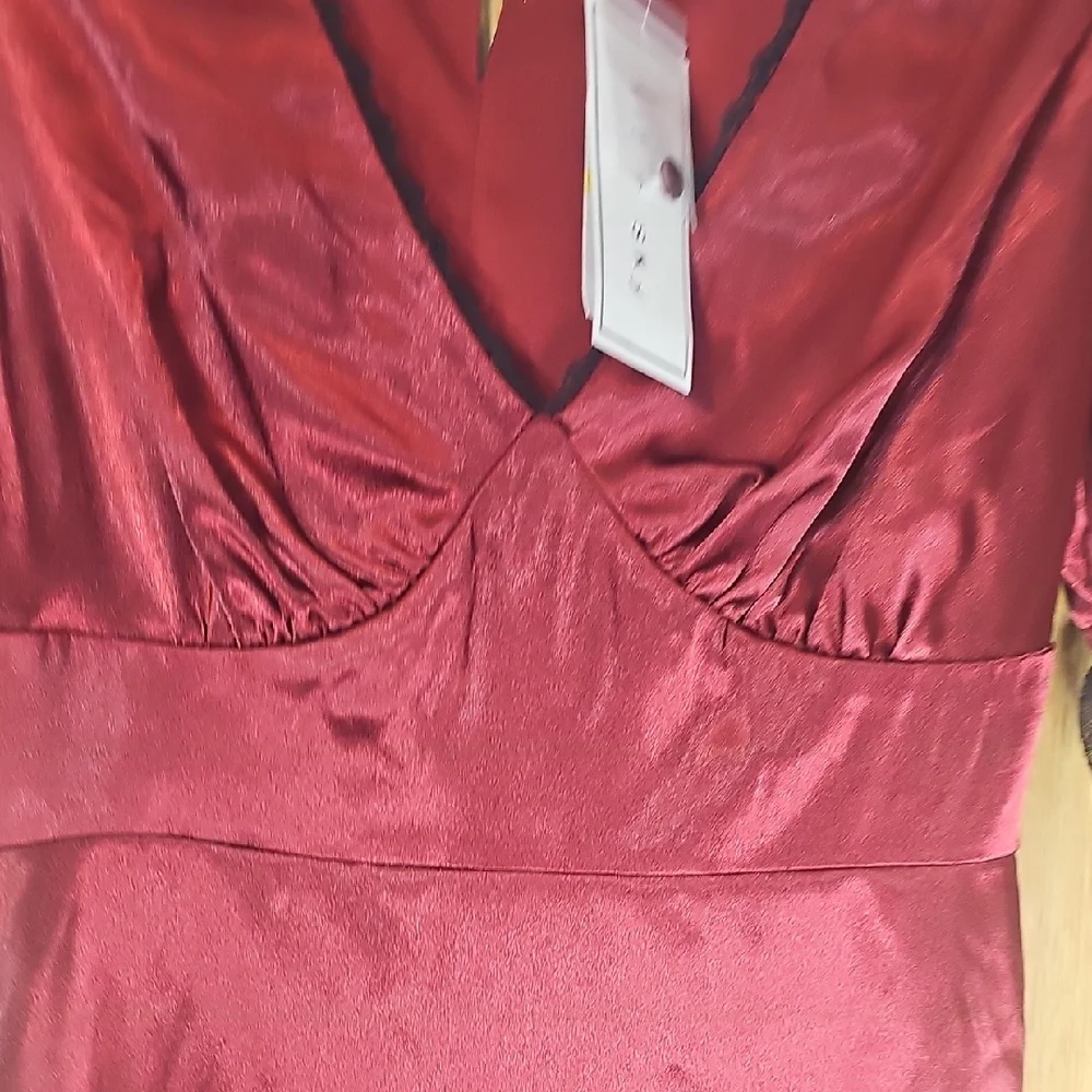 Elegant Burgundy Satin Dress with Black Lace by Abrand